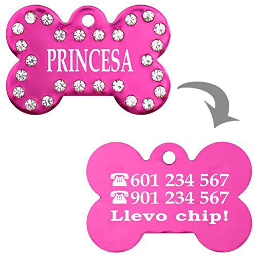 Hueso Deluxe Placa Chapa Medalla de identificación Personalizada para Collar Perro Gato Mascota grabada (Fucsia)