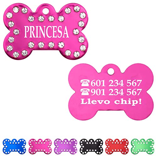 Hueso Deluxe Placa Chapa Medalla de identificación Personalizada para Collar Perro Gato Mascota grabada (Fucsia)