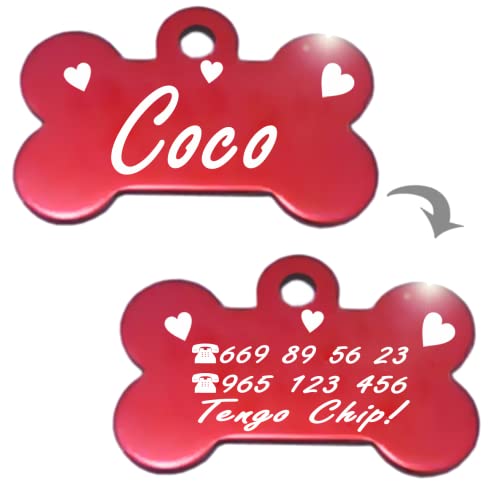 Hueso para Mascotas pequeñas-Medianas con Corazones Placa Chapa Medalla de identificación Personalizada para Collar Perro Gato Mascota grabada (Fucsia)