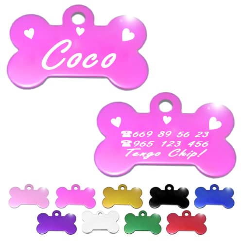 Hueso para Mascotas pequeñas-Medianas con Corazones Placa Chapa Medalla de identificación Personalizada para Collar Perro Gato Mascota grabada (Fucsia)