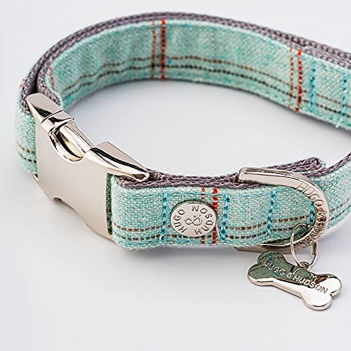 Hugo & Hudson Collar de Perro con Hebilla de Metal Tweed a Cuadros, pequeño, Aguamarina