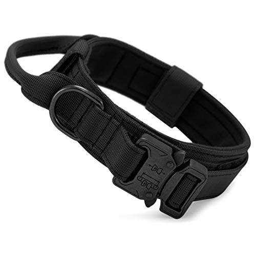 HUNTVP Collar Táctico para Perros con Mango de Control, Ajustable Collar de Nailon con Hebilla de Metal, para Perros Medianos Grandes Caza Al Aire Libre Entrenamiento, Negro-M