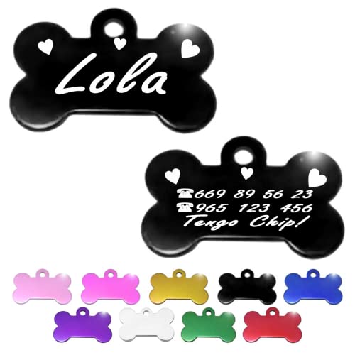 Iberiagifts - Hueso para Mascotas Medianas-Grandes con Corazones Placa Chapa de identificación Personalizada para Collar Perro Gato Mascota grabada (Negro)