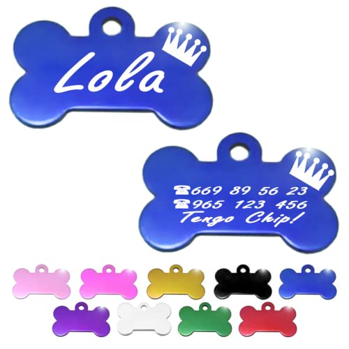 Iberiagifts - Hueso para Mascotas Medianas-Grandes con Corona Placa Chapa de identificación Personalizada para Collar Perro Gato Mascota grabada (Azul)