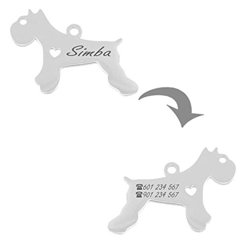 Iberiagifts - Placa identificación de Acero Inoxidable en Forma de Schnauzer. para Mascotas pequeñas a Medianas. Chapa Medalla de identificación Personalizada Collar Perro Gato grabada