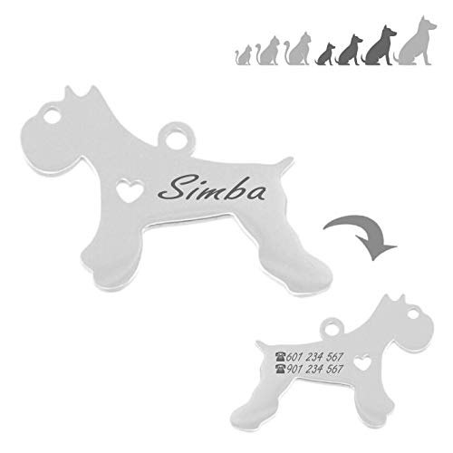 Iberiagifts - Placa identificación de Acero Inoxidable en Forma de Schnauzer. para Mascotas pequeñas a Medianas. Chapa Medalla de identificación Personalizada Collar Perro Gato grabada