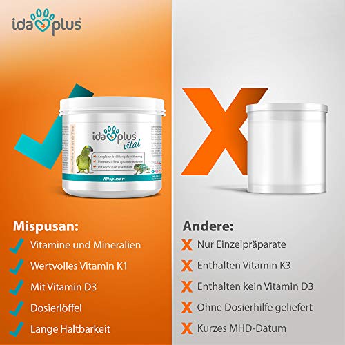 Ida Plus - Mispusan polvo 200 g - Alimento mineral con vitamina D3, calcio y oligoelementos para anfibios, reptiles y aves, periquitos, canarios, loros y barba, minerales