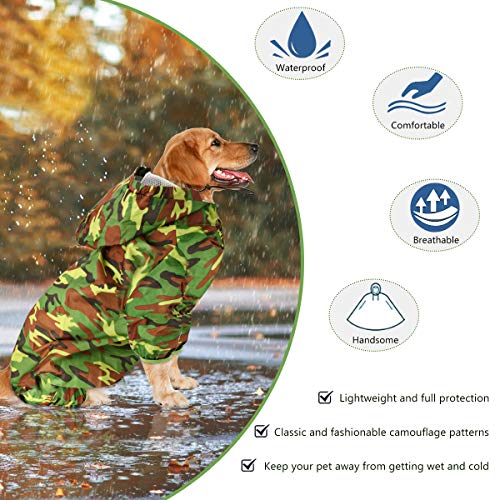 Idepet Chubasquero para Perros, Impermeable para Perros Poncho de Lluvia para Perros Ajustable con Orificio para Arnés (L, Verde Camuflaje)