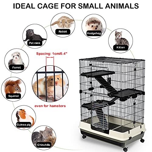 IKAYAA Jaula de Metal para Animales Pequeños de 4 Niveles Altura Ajustable para Conejos, Conejitos, Hurones, Conejillos de Indias, Chinchillas, Negro 74,5 * 109 * 45,5 cm