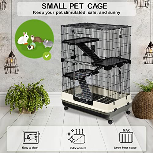 IKAYAA Jaula de Metal para Animales Pequeños de 4 Niveles Altura Ajustable para Conejos, Conejitos, Hurones, Conejillos de Indias, Chinchillas, Negro 74,5 * 109 * 45,5 cm