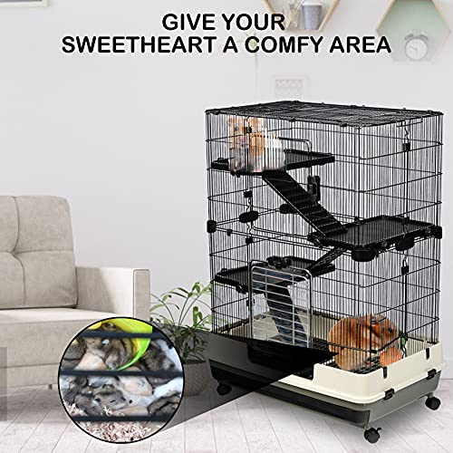 IKAYAA Jaula de Metal para Animales Pequeños de 4 Niveles Altura Ajustable para Conejos, Conejitos, Hurones, Conejillos de Indias, Chinchillas, Negro 74,5 * 109 * 45,5 cm