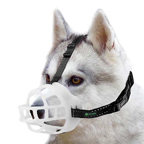 ILEPARK Bozal para Perros - Bozal de Silicona Suave para Perros Pequeños, Medianos y Grandes - Bozal de Cesta Respirable Que Brilla en la Oscuridad. (Talla 1,Blanco)