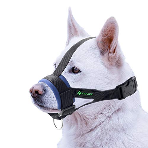 ILEPARK Bozal Suave para Perros Nylon Grandes Pequeños Medianos, Previene Mordidas, Ladridos y Que Mastiquen, Bozal Lazo Ajustable(L,Azul)