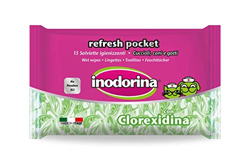 Inodorina Toallitas Desinfectantes para Perros y Gatos Refresh Clorhexidina (15 Unidades). Toallitas Húmedas de Higiene para Mascotas, Tejido Resistente Sin Alcohol.