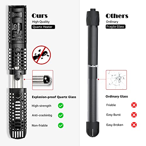 IREENUO Calentador para Acuario Varilla de Calentamiento de Acuario Digital de Temperatura Ajustable con Pantalla LED y Controlador de Temperatura Externo (200W)