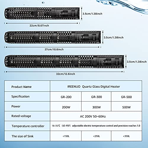 IREENUO Calentador para Acuario Varilla de Calentamiento de Acuario Digital de Temperatura Ajustable con Pantalla LED y Controlador de Temperatura Externo (200W)