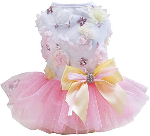 Izefia Vestido de Perro Falda de Cachorro Vestidos de Princesa para Perros Tutu Flor Boda Encaje Vestido de Lazo de Lujo para Perro Pequeño Niña (XL,Rosado)