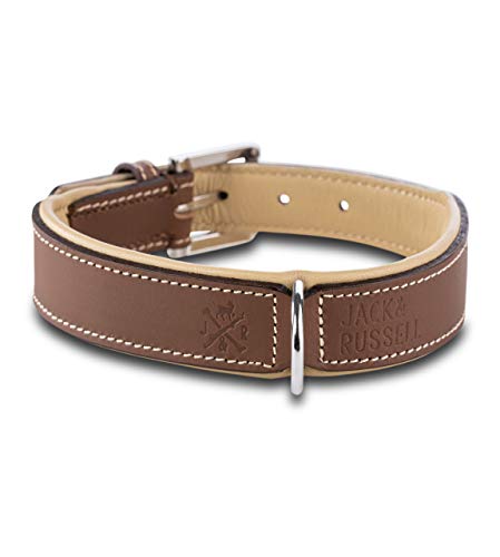 Jack & Russell Premium Perro Cuero Collar Amy - Collar de Cuero Genuino con Grabado Original de J & R Sello en Relieve - Robusto y Elegante (L - Circunferencia del Cuello 42,5-51,0 cm, Marrón/Beige)