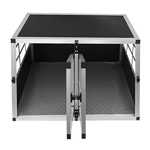 Jaula de Transporte de Coche para Mascotas Caja de Viaje de Aluminio Trapezoidal Transportador de Perros Gatos Cachorros 2 Puertas 50 x 89 x 69cm | Alfombra de Plástico Lavable Gratis