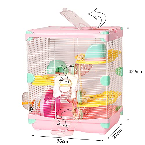 Jaula para Hámster Roborowski Jaula para Hámster 36*27*42.5cm jaulas Hámster 2 Pisos con Rueda Bebedero comedero (Rosa)