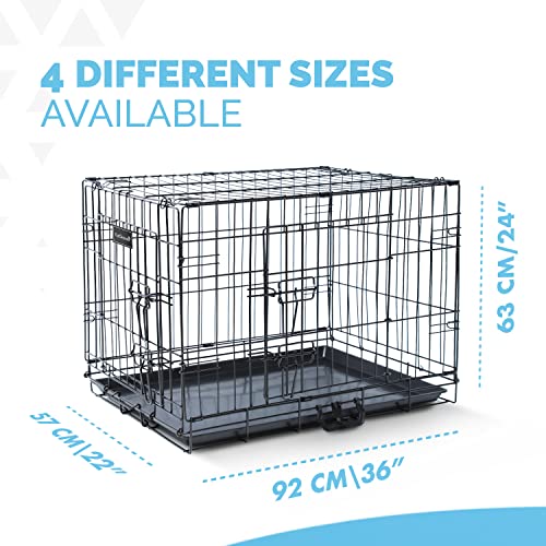 Jaula para perros (91cm) – Jaula plegable de metal negro con 2 puertas (frontal y lateral) con bandeja base de plástico resistente a la masticación y asa de transporte (grande)