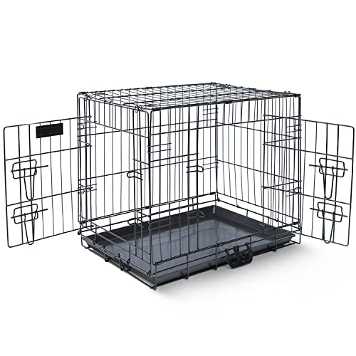 Jaula para perros (91cm) – Jaula plegable de metal negro con 2 puertas (frontal y lateral) con bandeja base de plástico resistente a la masticación y asa de transporte (grande)