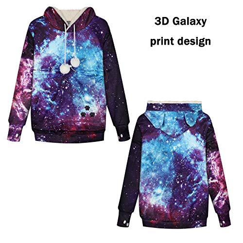 JFF Unisex 3D Galaxy Impreso Pullover Canguro Mascota Bolsillo Orejas Sudaderas Mascota Canguro Sudadera Orejas De Gato Lindo,B,S