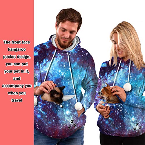 JFF Unisex 3D Galaxy Impreso Pullover Canguro Mascota Bolsillo Orejas Sudaderas Mascota Canguro Sudadera Orejas De Gato Lindo,B,S