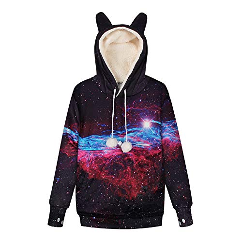 JFF Unisex 3D Galaxy Impreso Pullover Canguro Mascota Bolsillo Orejas Sudaderas Mascota Canguro Sudadera Orejas De Gato Lindo,B,S