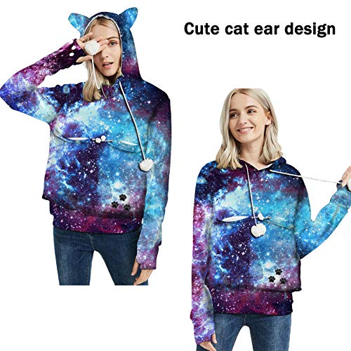 JFF Unisex 3D Galaxy Impreso Pullover Canguro Mascota Bolsillo Orejas Sudaderas Mascota Canguro Sudadera Orejas De Gato Lindo,B,S