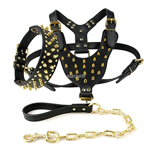 JIAQ Cool Spiked Studded Cuero Herramientas de Perro Remaches Cuello y Correa Conjunto for Perros Grandes Pitbull Bulldog Bull Terrier 26"-34" (Color : Black, Size : Large)