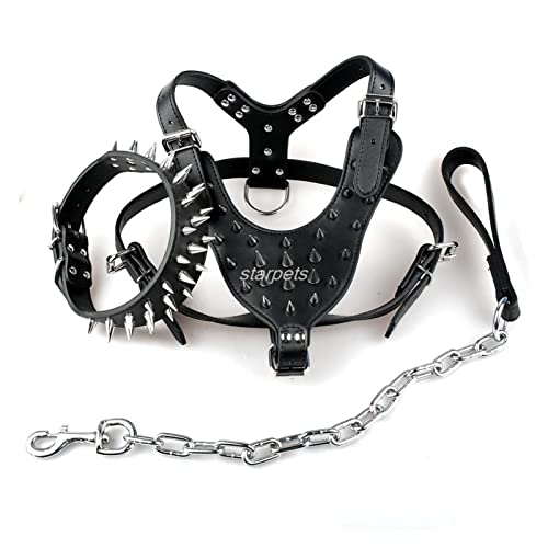 JIAQ Cool Spiked Studded Cuero Herramientas de Perro Remaches Cuello y Correa Conjunto for Perros Grandes Pitbull Bulldog Bull Terrier 26"-34" (Color : Black, Size : Large)