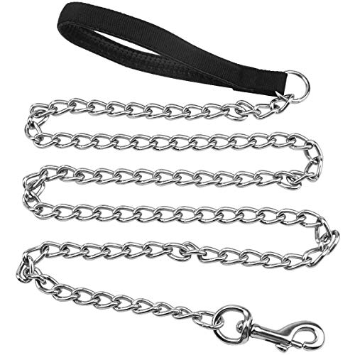 Jinlaili Cadena Perro Metal, 1.2M, 4mm de Grosor, Correa de Cadena de Metal para Perros a Prueba de Masticar con Cómoda Manija Acolchada