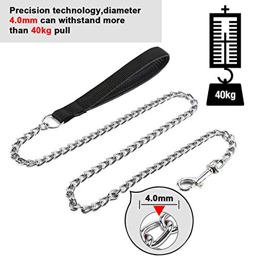 Jinlaili Cadena Perro Metal, 1.8M, 4mm de Grosor, Correa de Cadena de Metal para Perros a Prueba de Masticar con Cómoda Manija Acolchada