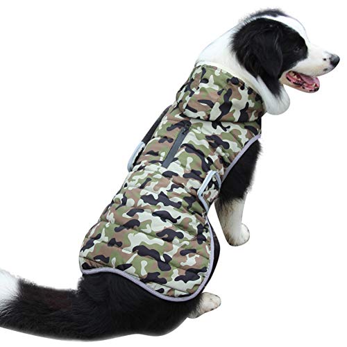 JoyDaog Sudadera de forro polar para perros grandes, cálida chaqueta de cachorro para invierno frío, abrigos de perro impermeables con capucha, camuflaje verde XXL