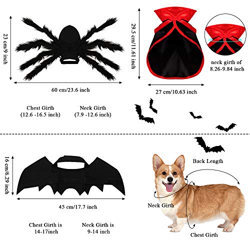 Juego de 3 Piezas Disfraces de Perro Gato de Halloween, Capa de Vampiro Bruja Alas Murciélago Mascota Accesorios de Disfraz de Mascotas Alas de Araña de Mascota de Imitación Gigante de Halloween