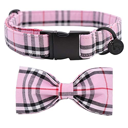 Juego de Collar y Correa de Tela Escocesa Rosa para Perro con Pajarita Collar de Regalo de cumpleaños de algodón para Cachorro de Mascota Ajustable, XS