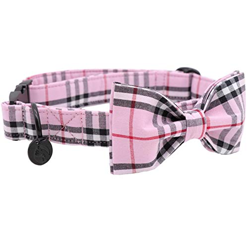 Juego de Collar y Correa de Tela Escocesa Rosa para Perro con Pajarita Collar de Regalo de cumpleaños de algodón para Cachorro de Mascota Ajustable, XS