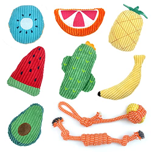 Juguetes para Perros, Juguete de Peluche para Cachorro, Cuerdas con Bolas para Masticar y dentición, Juguetes interactivos, 9 Paquetes de Regalo, Raza pequeña y Mediana (Fruta)