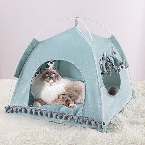 JuneJour Tienda para Mascotas con Cama,Casa de Lona para Perros y Gatos, Casa para Mascotas con Cojín, Ideal para Bajo Techo, en exteriors,Casetas para Perros de Color Azul,L(48 * 48 * 49cm)