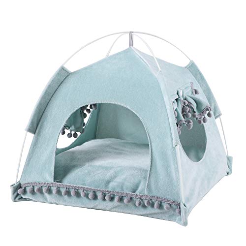 JuneJour Tienda para Mascotas con Cama,Casa de Lona para Perros y Gatos, Casa para Mascotas con Cojín, Ideal para Bajo Techo, en exteriors,Casetas para Perros de Color Azul,L(48 * 48 * 49cm)