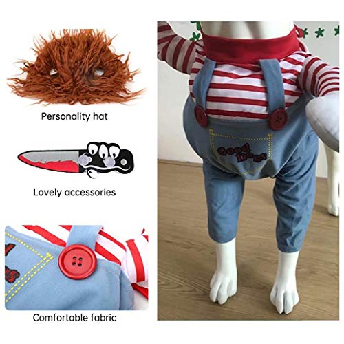 JUZIPS Ropa de perro de muñeca mortal, disfraz de mascotas aterradoras para Halloween Cosplay muñeca Chucky, con un sombrero peludo, ropa divertida para fiestas de Halloween y Navidad.