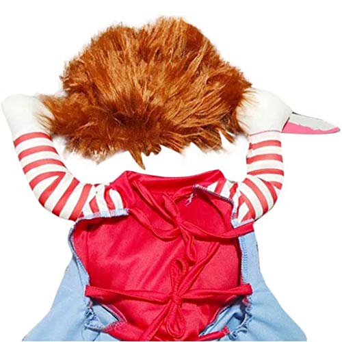 JUZIPS Ropa de perro de muñeca mortal, disfraz de mascotas aterradoras para Halloween Cosplay muñeca Chucky, con un sombrero peludo, ropa divertida para fiestas de Halloween y Navidad.