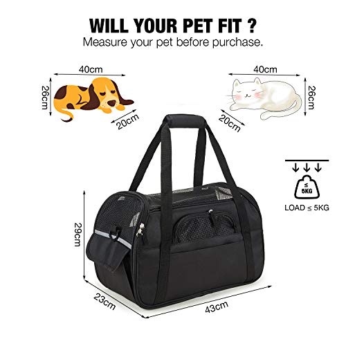 Kaka mall Transportín Perro Gato Transpirable Plegable Pet Carrier Impermeable Bolso de Hombro Acolchado Suave Viaje Avion Tren o Auto por Pequeños Mascota (Negro, S)