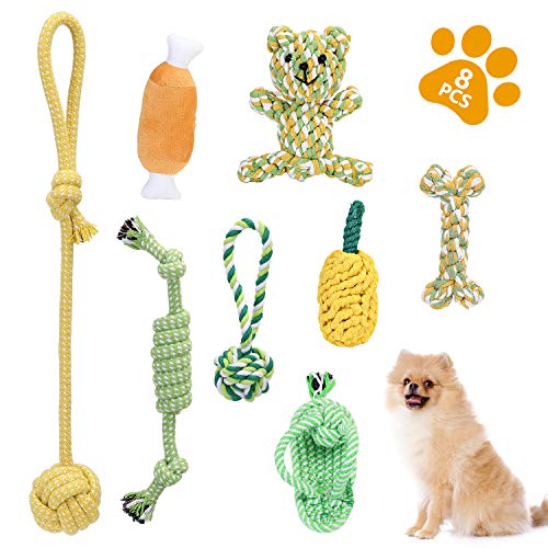 KATELUO 8 Piezas Juguetes para Perros, Juguetes para Masticar no tóxicos y duraderos, Juguetes para chirriar,Juguete Limpiador de Dientes de Perro pequeño y Mediano,Cuerda de algodón Tejida Dog Toys