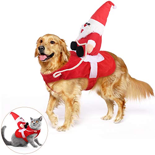 KATELUO Disfraz Gato de Navidad, Perro Ropa Navidad, Disfraz de Navidad para Mascotas, Disfraz Navidad Perro con Papá Noel Montado en Mascota Gato Perro Abrigo Rojo (M)