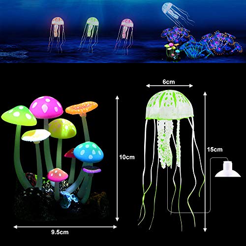 KBNIAN 4 pcs Medusa Pecera + 1 pcs Hongos Artificiales Medusas Artificiales de Silicona Peceras Adornadas Planta Artificial de Acuario Medusas Flotantes y Hongos Luminosos para Decorar Pecera Acuario