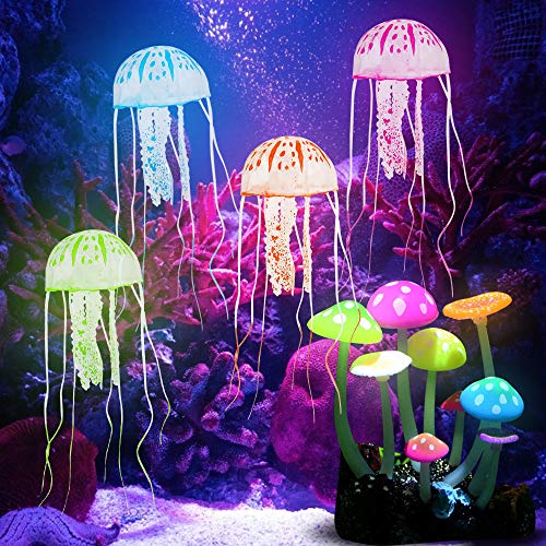 KBNIAN 4 pcs Medusa Pecera + 1 pcs Hongos Artificiales Medusas Artificiales de Silicona Peceras Adornadas Planta Artificial de Acuario Medusas Flotantes y Hongos Luminosos para Decorar Pecera Acuario