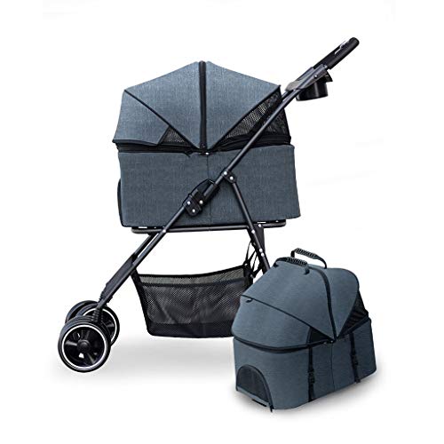 KHUY Cochecito para Perros Cochecitos para Perros Medianos con Cup Holder, Carrito de Perro 4 Ruedas Plegable Carro Gatos Mascotas, EVA Neumático Sólido (Color : Gray Blue)