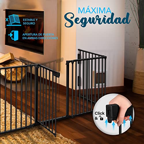 KIDUKU® Barrera de Seguridad 305 cm para Niños y Mascotas | Reja de Protección de Metal - Premontado | Rejilla Protectora Metálica Plegable con Puerta | 5 Paneles